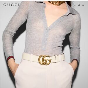 Gucci Marmont Wide Off White Leather Belt with Gold Buckle